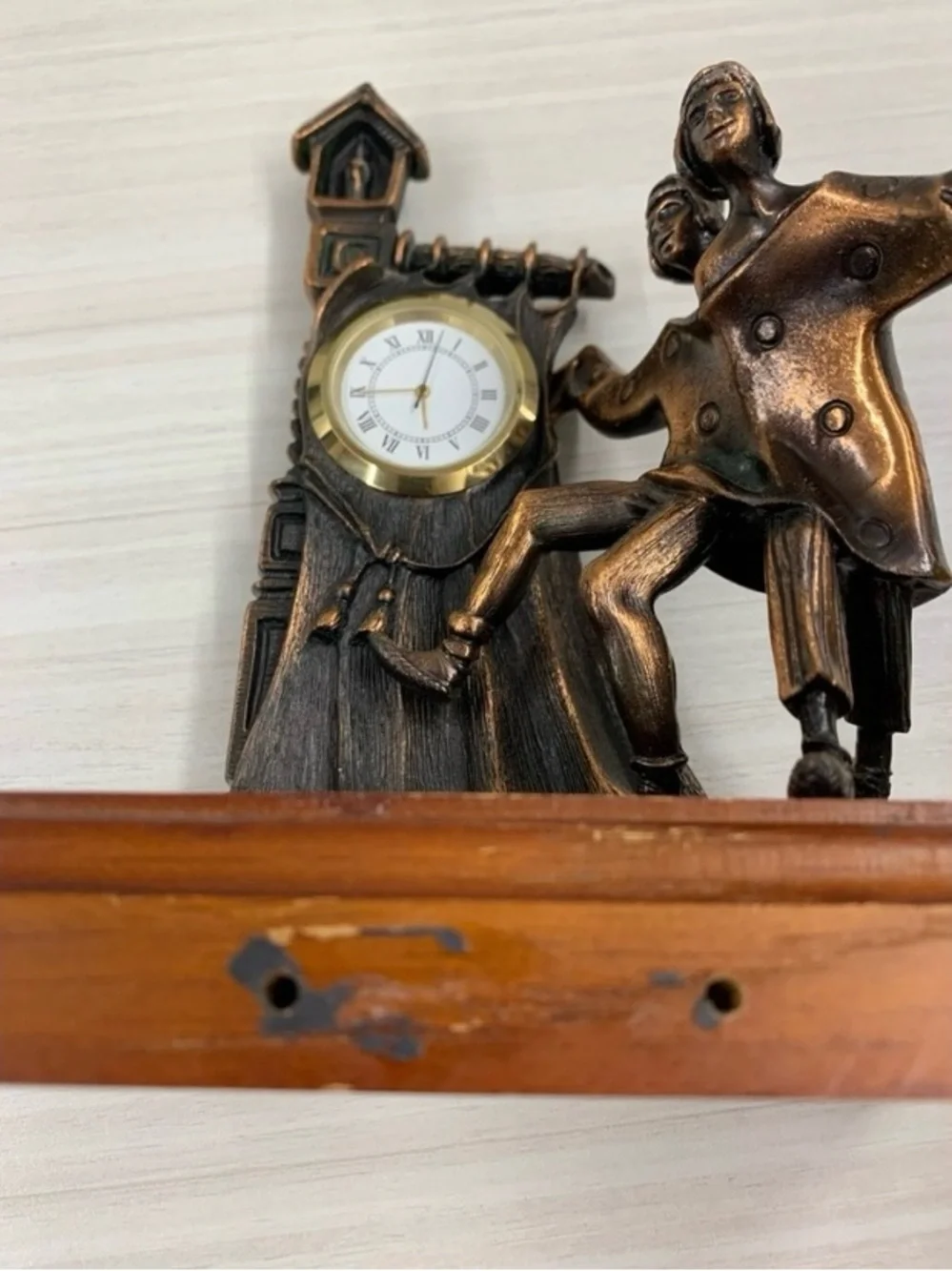 Vintage Russian Bronze Tone Folk Dancers Mantel Clock Sculpture
